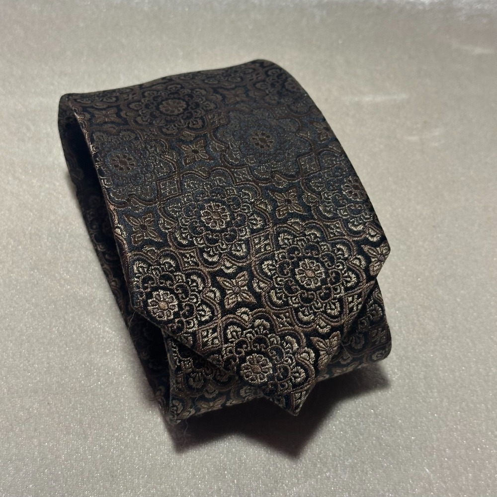 Haines & Bonner London Silk Neck Tie Gold Black Medallion Floral Handmade